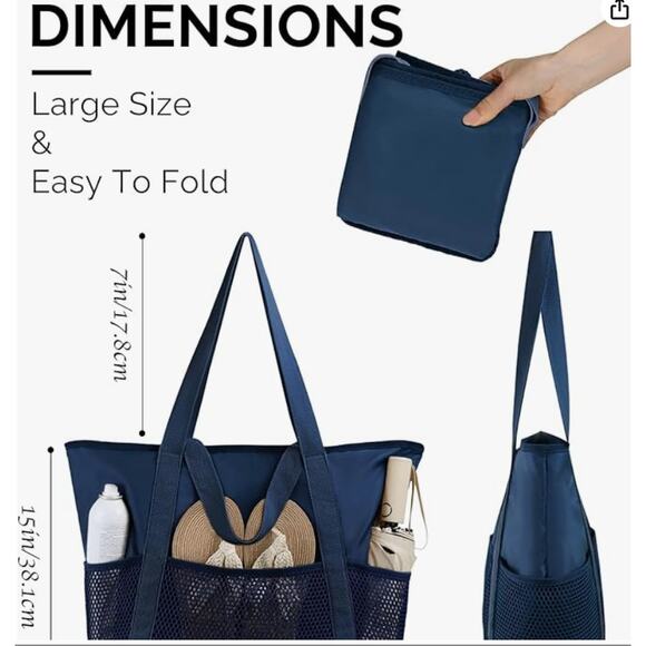 Beach Bag Large Waterproof Sandproof Foldable Tote with Zipper Mesh Pockets - Picture 4 of 5